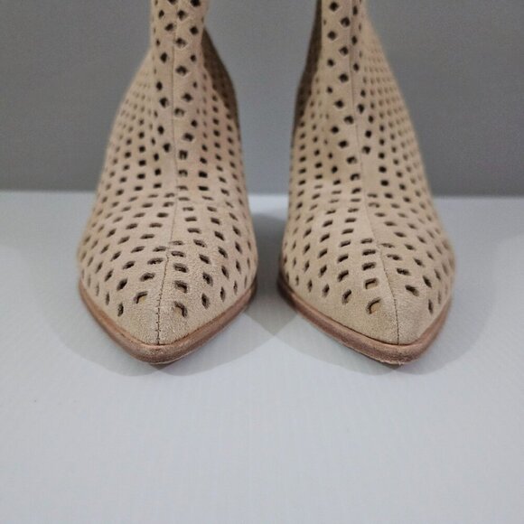 NEW Paige Layla Mid Calf Boot Womens 7 Tan Suede Perforated Pointed Toe Heeled - Picture 4 of 12